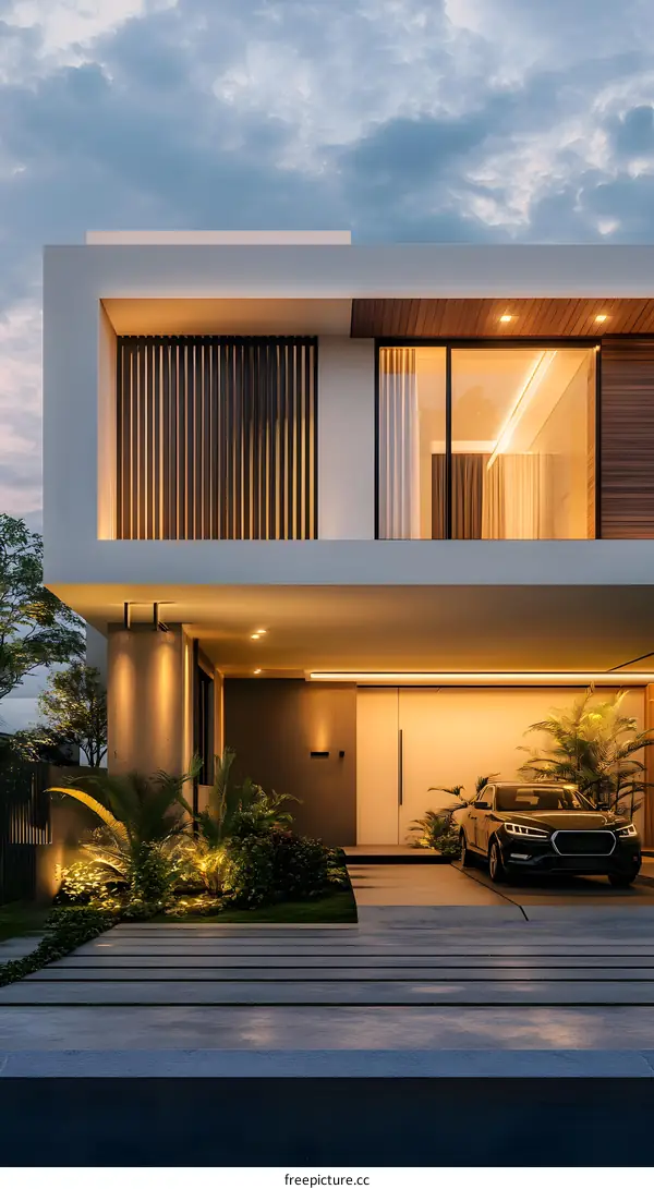 Modern Minimalist House Exterior With Car And Garden
