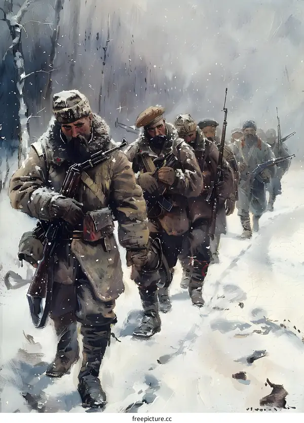 A group of soldiers wearing winter clothes and carrying guns are walking in the snow.