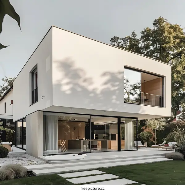 Modern White House With Large Glass Windows and Patio