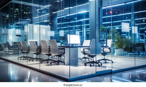Modern glass conference room interior with empty chairs and blank flipchart