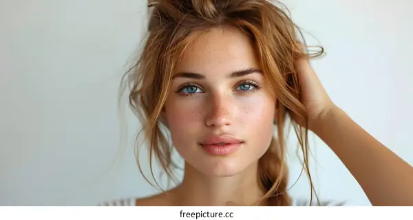 portrait of a young woman with freckles and blue eyes