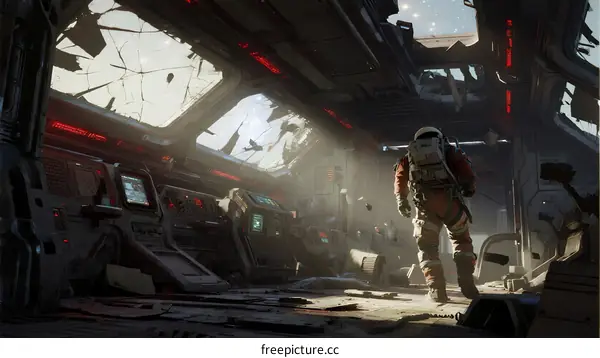 Astronaut Standing Inside Damaged Spaceship Interior After Crash