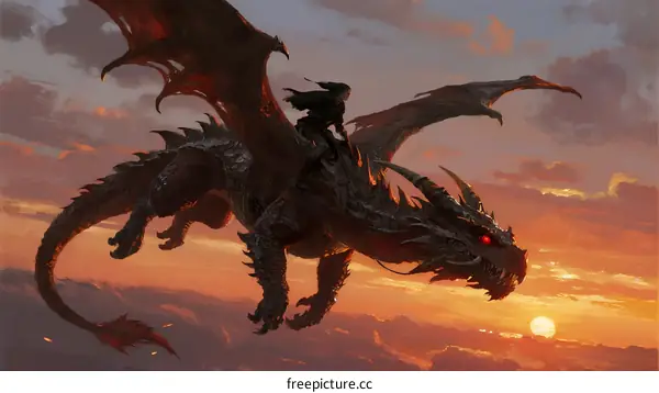 Epic Dragon Rider Soaring Over Sunset Sky with Fiery Wings