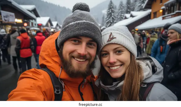 A happy couple on a snowy day in a European village