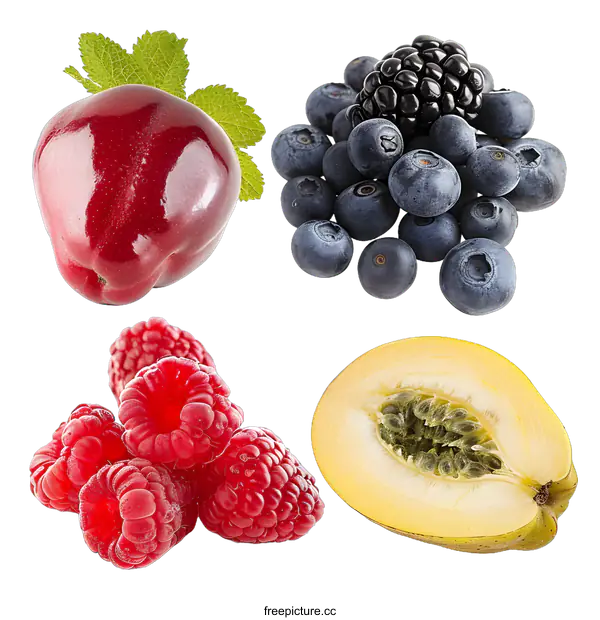 [Transparent Background PNG]Fresh Red Raspberries Blueberries Blackberries and Passion Fruit