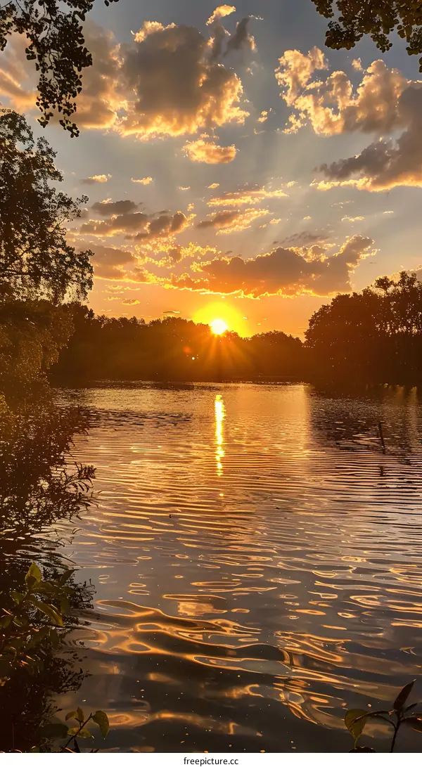 The setting sun shines on the lake in the park, surrounded by trees