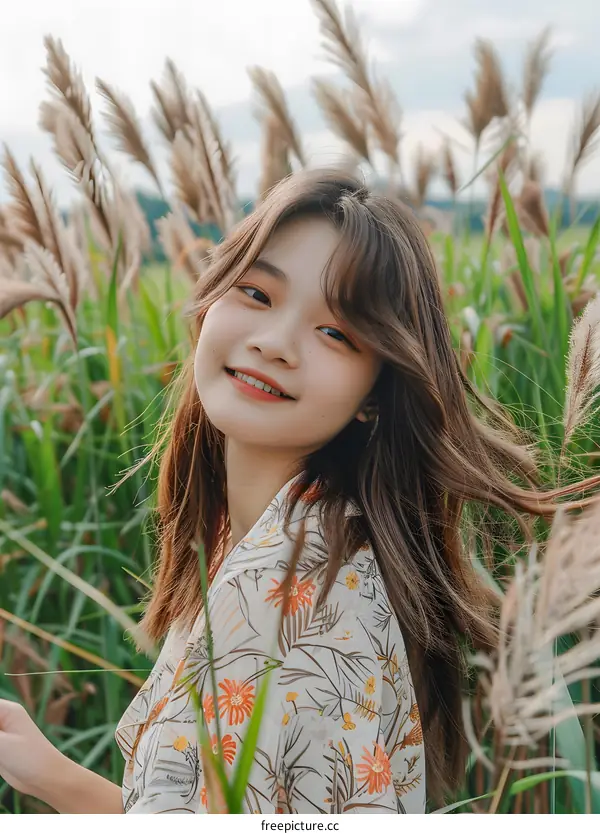 Smiling Asian Woman In A Field Of Tall Grass