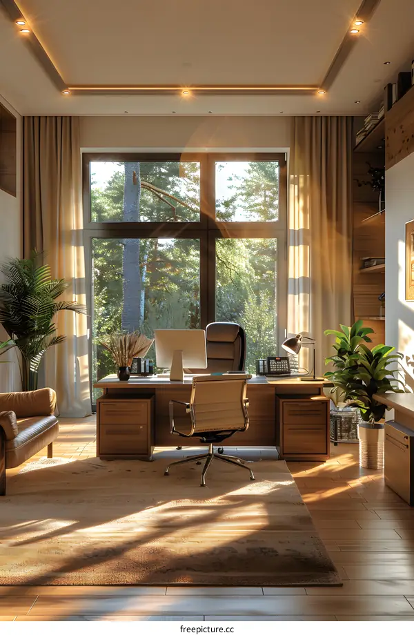 Home office interior with large windows and a view of the forest