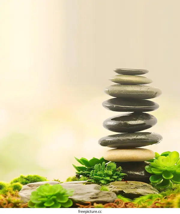 Stacked Stones on Moss and Succulents with Blurred Background
