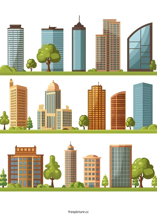 Cartoon City Buildings Set with Green Trees