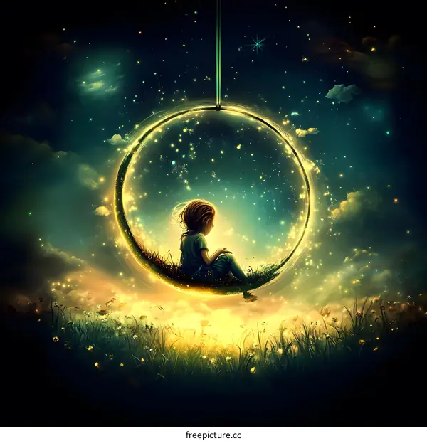 Little Girl Sitting in a Swing in the Sky with Stars and Clouds