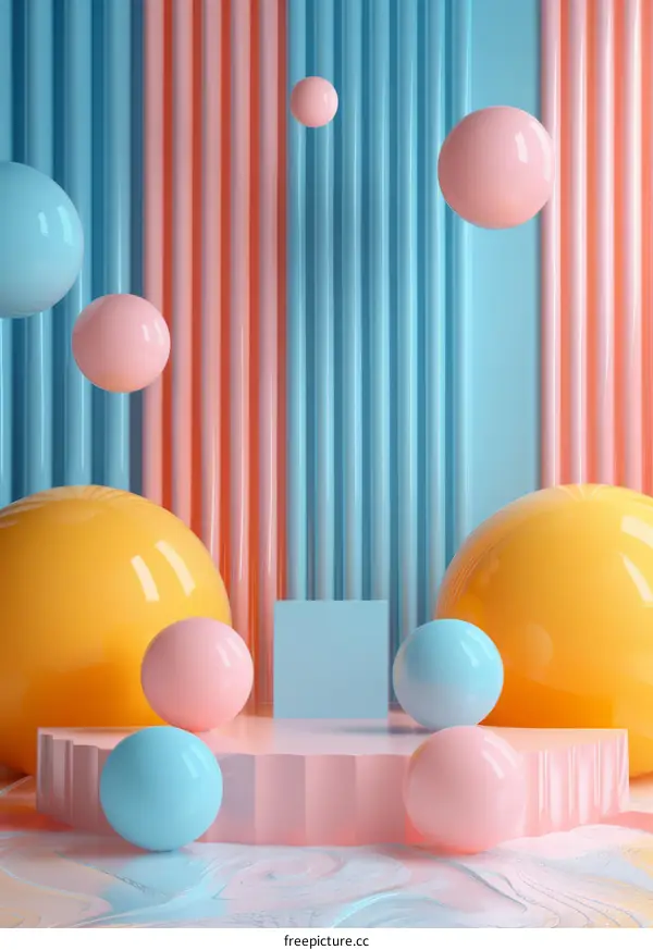 3D rendering of a podium with pink and blue spheres