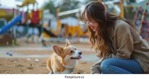 Smiling woman playing with a corgi dog in the park
