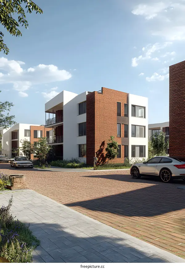 Modern Brick Building with White Windows and Balcony