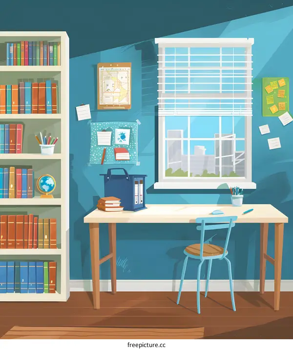 Blue Room with Desk, Bookshelf, Window and Chair