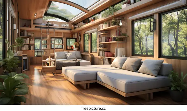Cozy Modern Tiny House Interior with Wooden Walls and Large Window