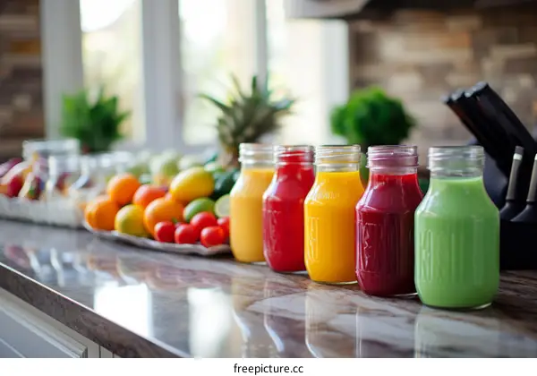 A variety of fresh fruit juices in glass bottles on a kitchen counter