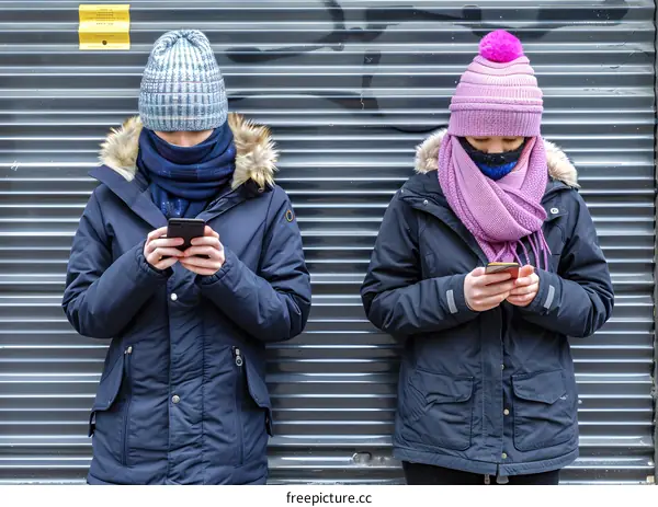 Two People Wearing Winter Clothes Using Smartphones