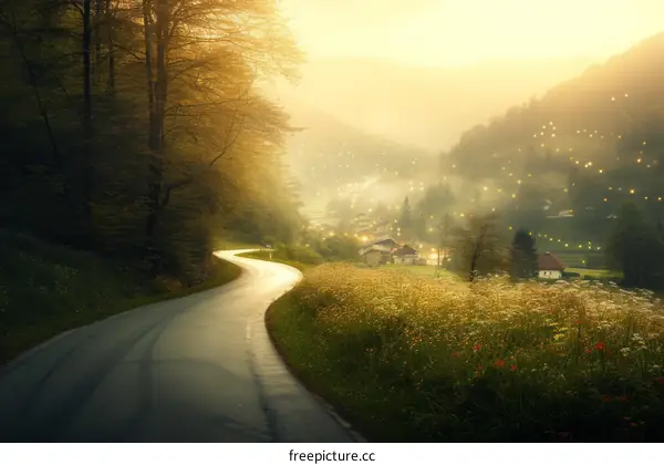 Rural road through a lush green valley at sunset