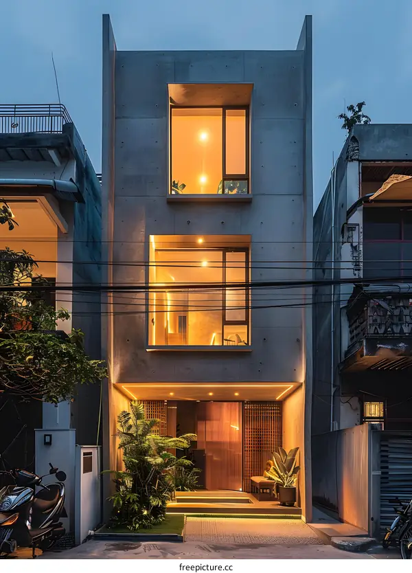Modern Minimalist Concrete House Exterior Design With Warm Lighting