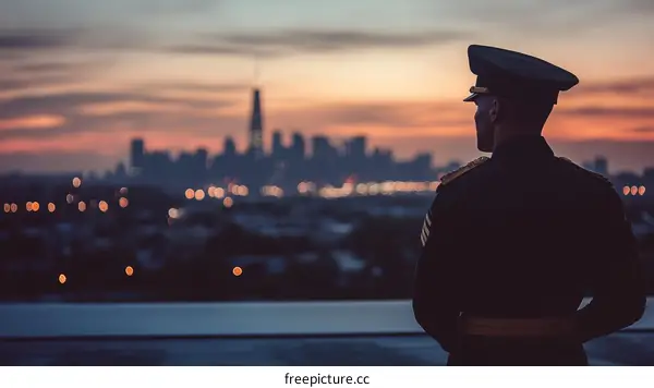 Military Officer Observing the City Skyline at Sunset