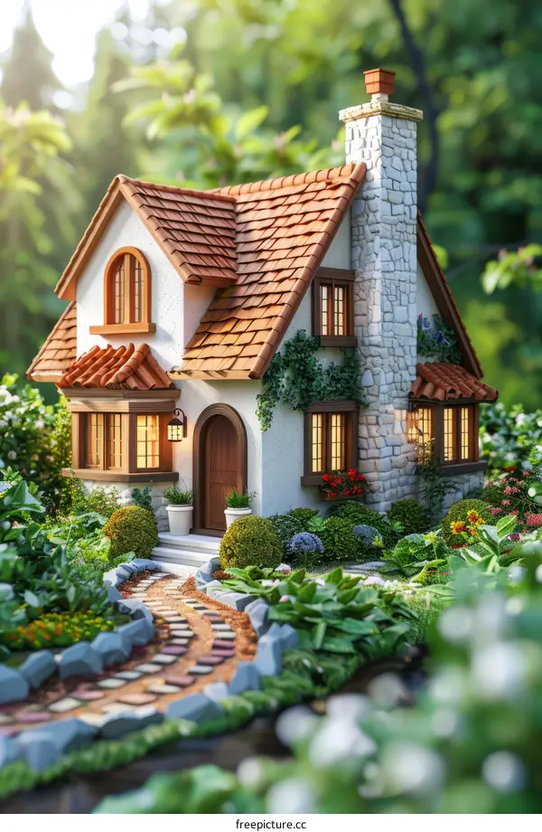Small cottage house with flowers and garden