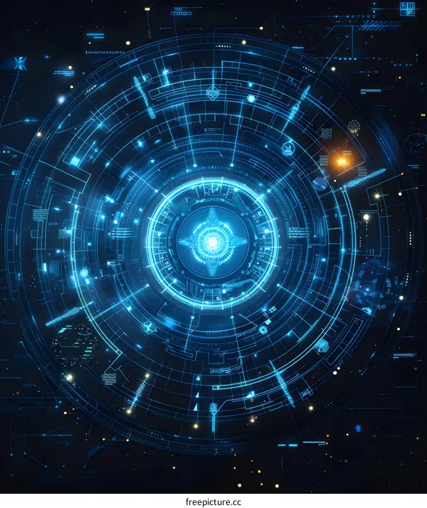 Blue technology background with circles and lines.