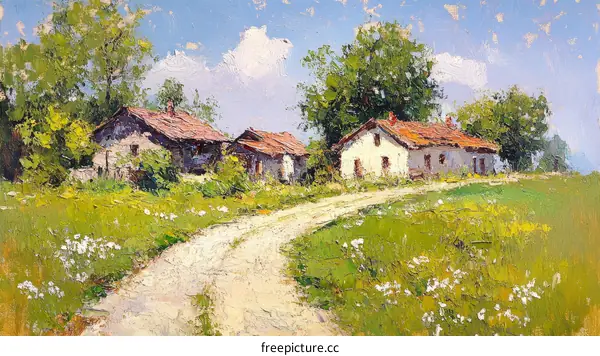 Rural Landscape Painting of Countryside Houses and Road