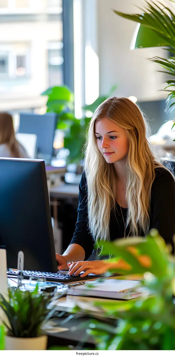 Young Woman Working On A Computer In Modern Office