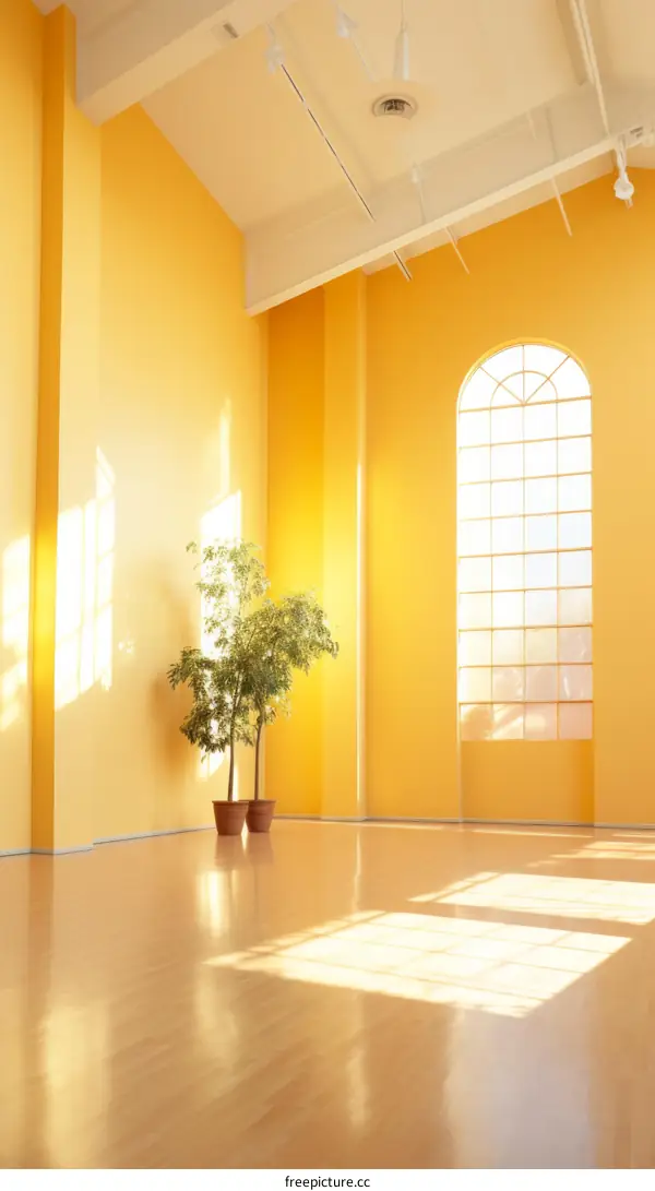 Bright yellow room with two potted plants