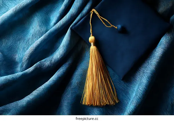 Graduation Cap and Tassel on Blue Fabric