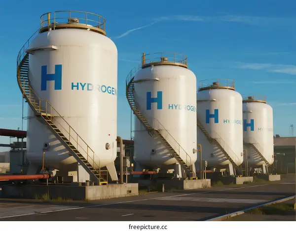Large industrial hydrogen storage tanks under clear blue sky