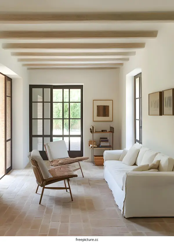 Modern Living Room With White Sofa and Wooden Beams