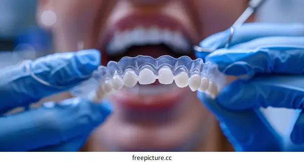 Close-up of a dentist fitting a patient with a clear aligner