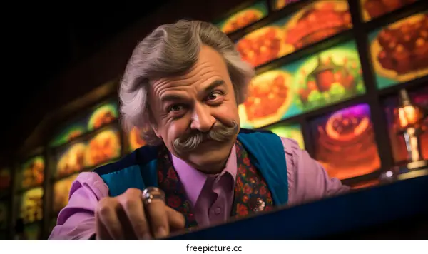 Mustache man wearing purple suit in front of colorful background