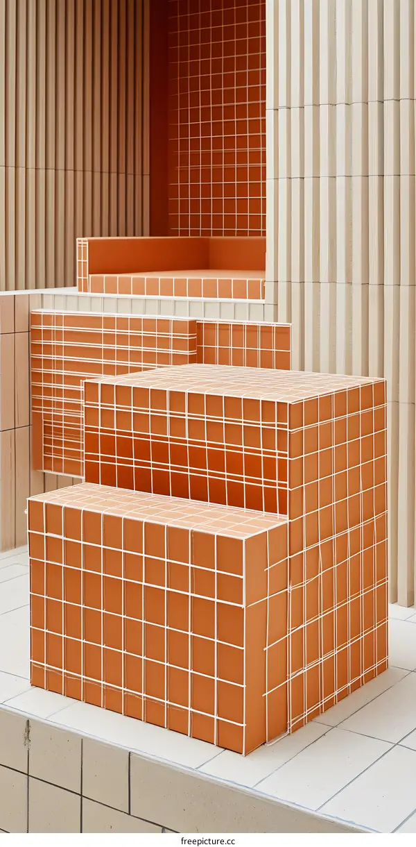 Orange Tile Gridded Seats and Walls