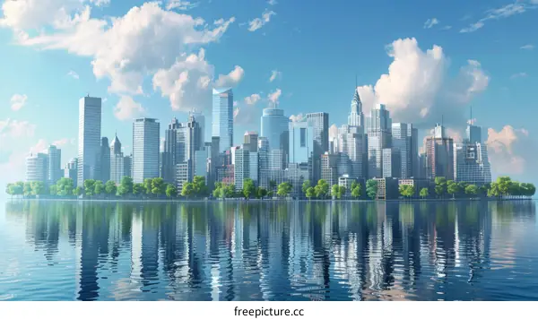Cityscape by River with Skyscrapers