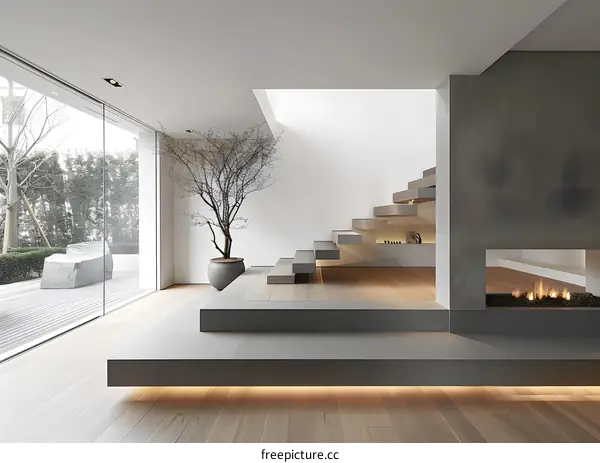 Modern Minimalist Interior Design with Floating Staircase and Fireplace