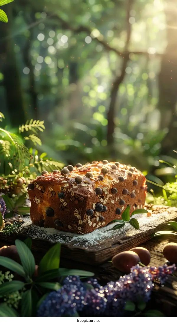 Homemade Blueberry Cranberry Bread on a Wooden Table in the Woods