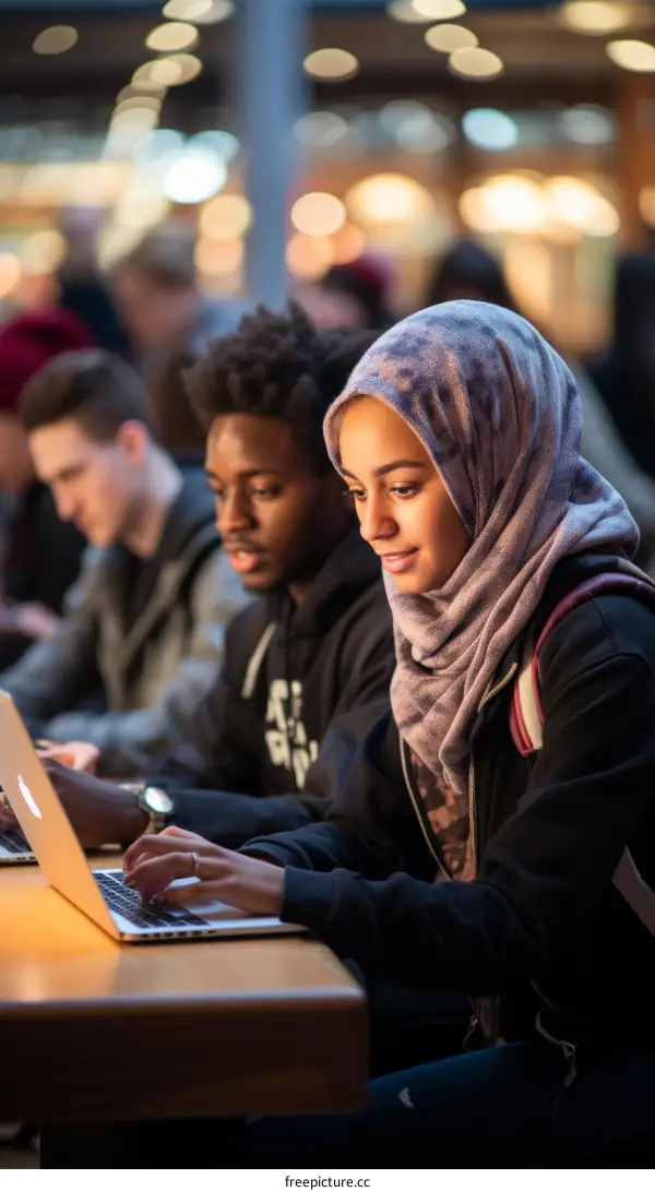 Two people using laptop computers in a public place