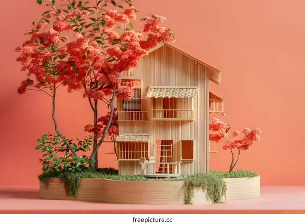Wooden model house with blooming trees on a coral background