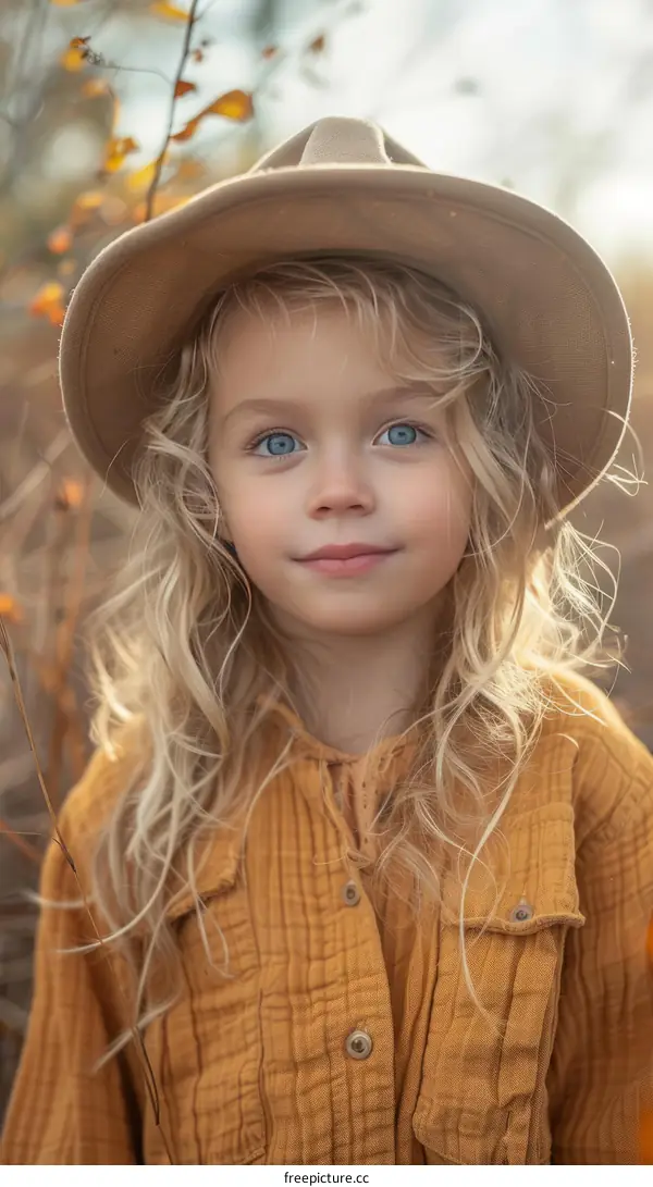 Portrait of a beautiful little blonde girl in a brown hat