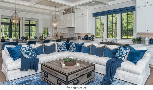 White and Blue Living Room Interior with Large Sectional Sofa