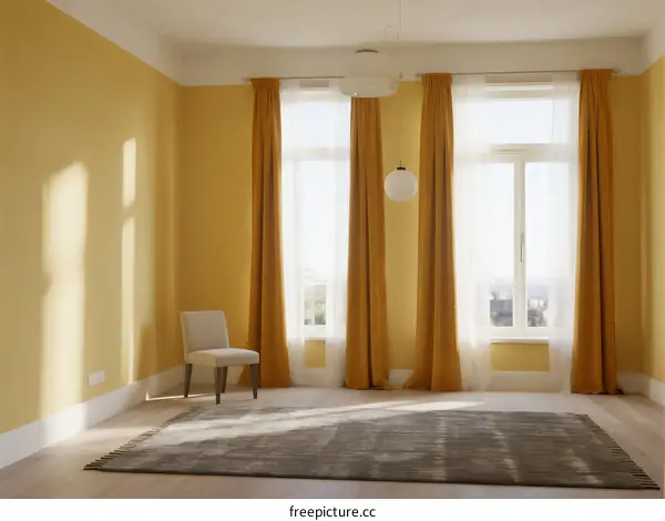 Brightly colored room with large windows and a single chair