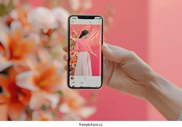 Woman in Pink Dress on Phone Screen