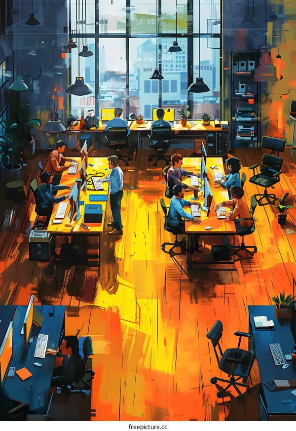 Illustration of a diverse group of people working in a modern office space