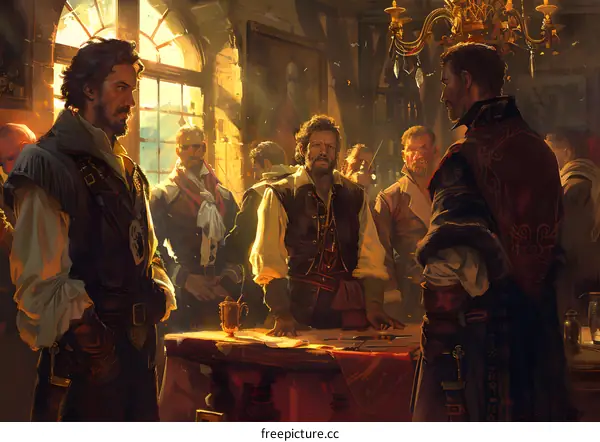 A group of pirates are meeting in a tavern.