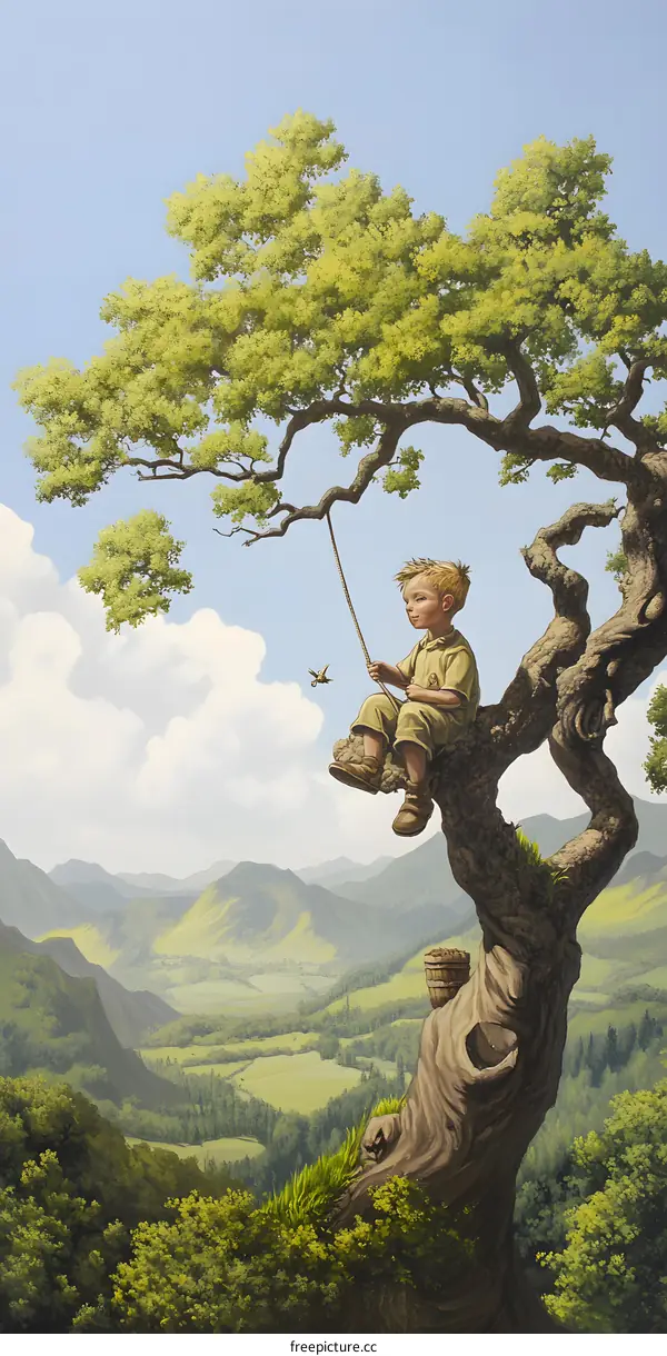 Little Boy Sitting on a Tree Swing Overlooking a Valley