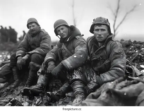 Three American soldiers in a trench during World War I