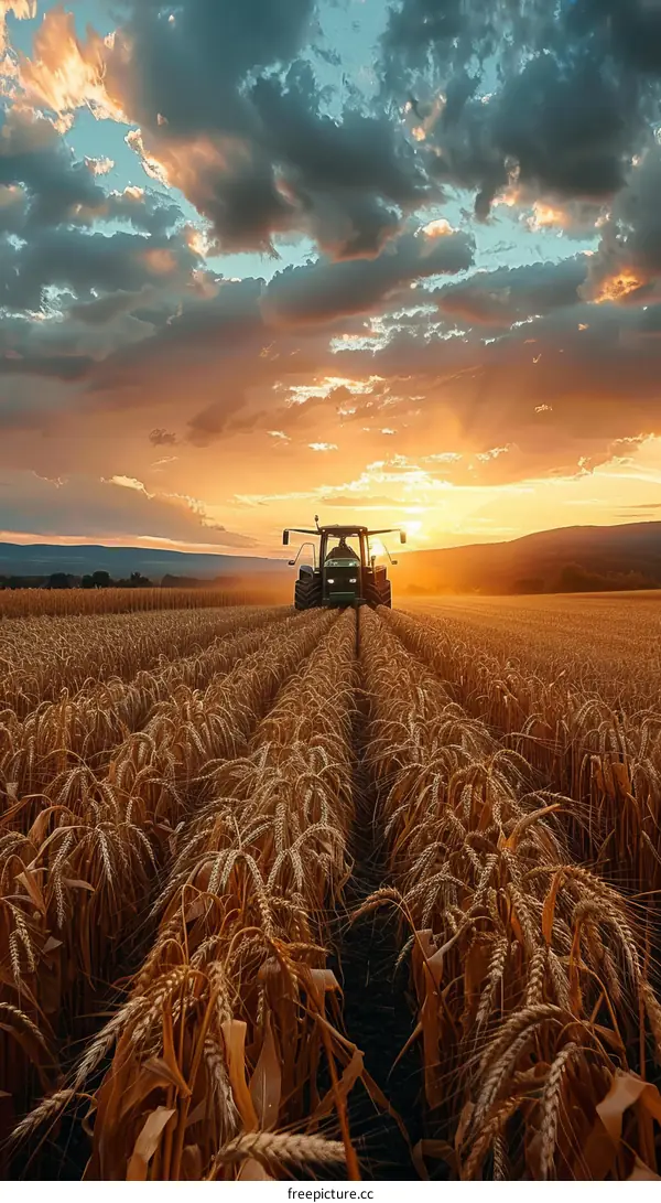 Tractor in a wheat field at sunset